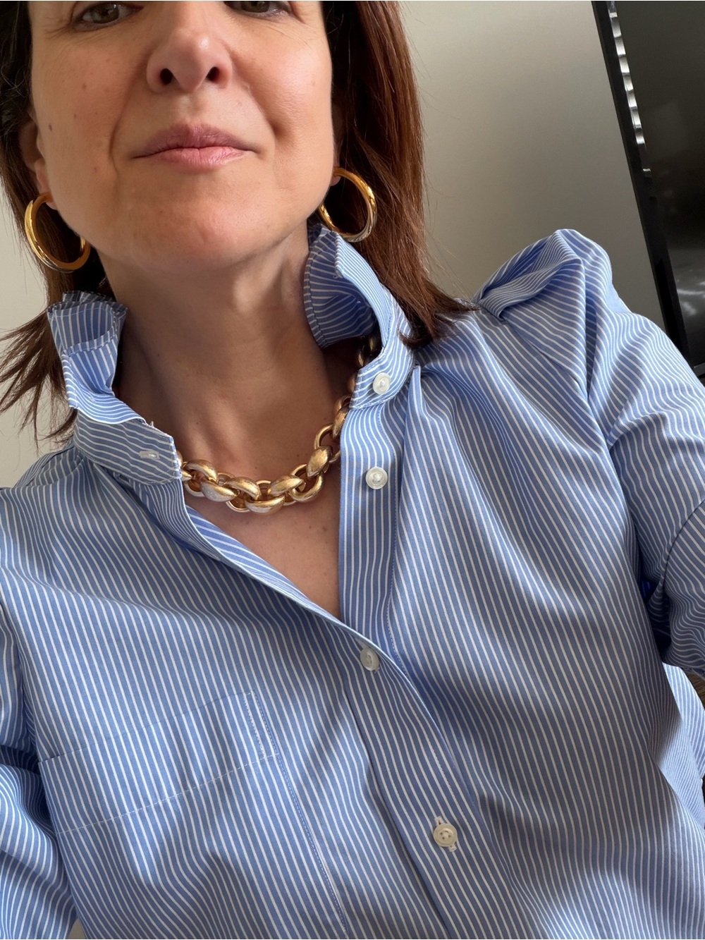 KMJ poplin Classic Blue Stripe Button-Up Bontina Blouse